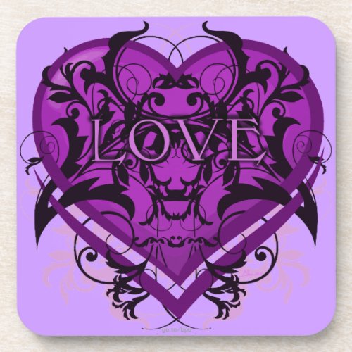 Goth Tribal Flourish Purple Heart with LOVE Drink Coaster