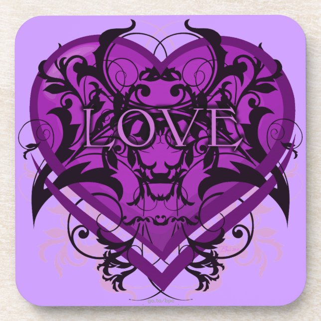 Goth Tribal Flourish Purple Heart with LOVE Drink Coaster (Front)
