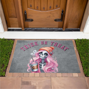 Goth Trick or Treat Black and Pink Door Mat