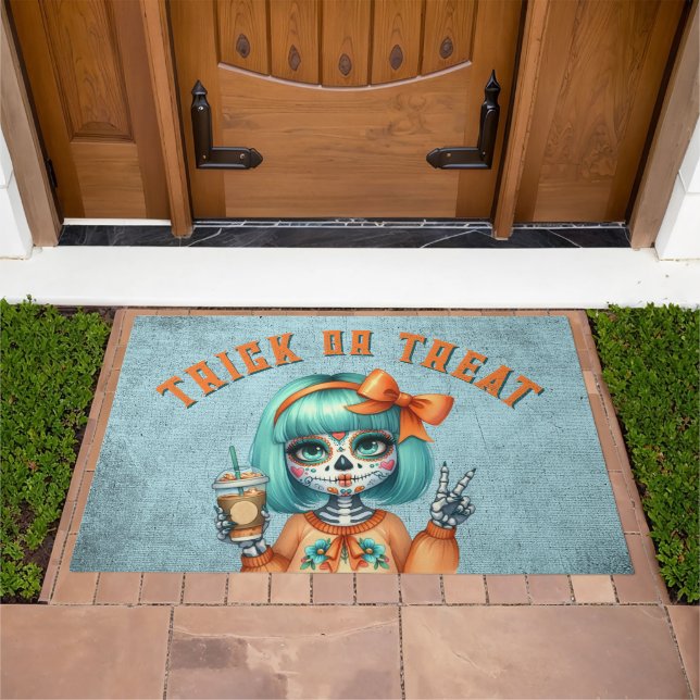  Goth Trick or Treat Turquoise and Orange Door Mat (Outdoor)