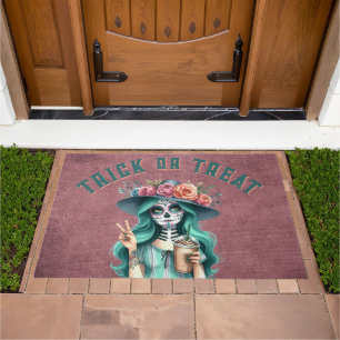 Goth Trick or Treat Turquoise and Pink Door Mat