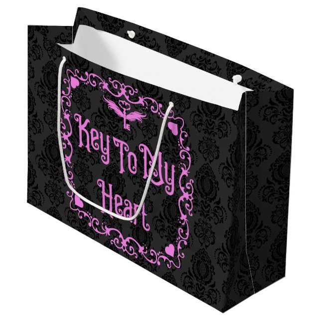 Goth Valentine Key To My Heart Pink Large Gift Bag (Front Angled)