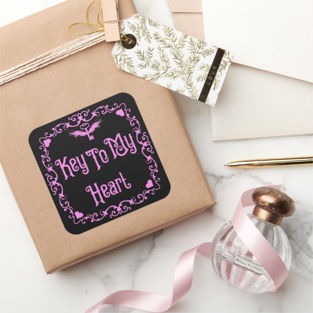 Goth Valentine Key To My Heart Pink Square Sticker (Gifting)