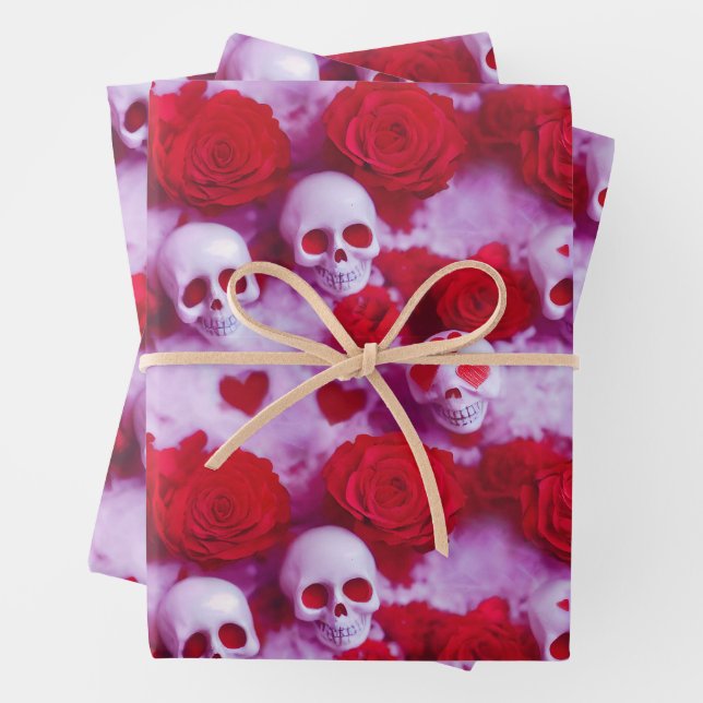 Goth Valentine's Day Wrapping Paper with Skulls (In situ)