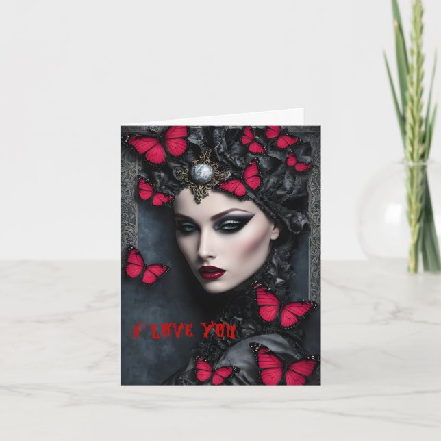 Goth Vampire Woman with Butterflies Valentine Holiday Card (Front)