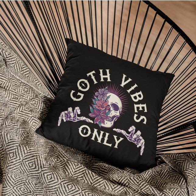 Goth Vibes Only Skull with Flowers Throw Pillow (Creator Uploaded)