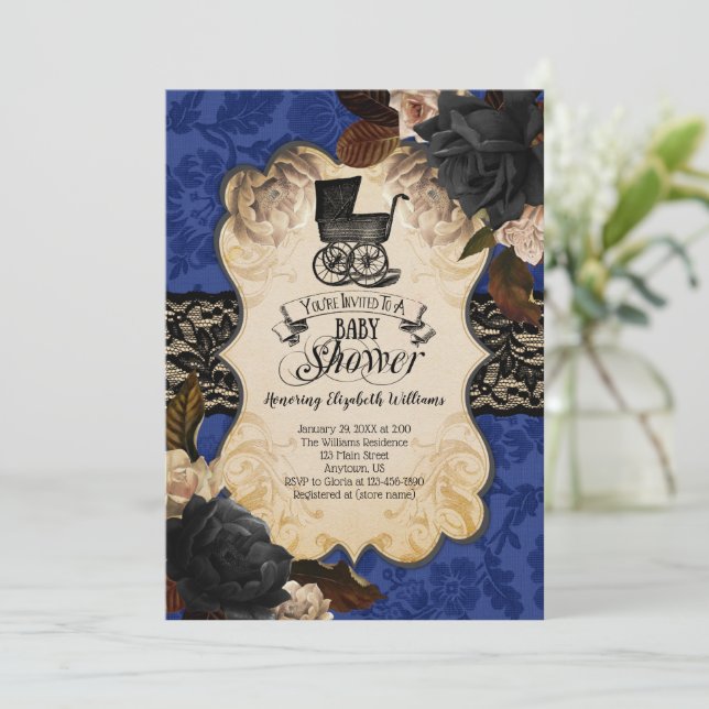 Goth Victorian Blue Baby Shower Invitation (Standing Front)