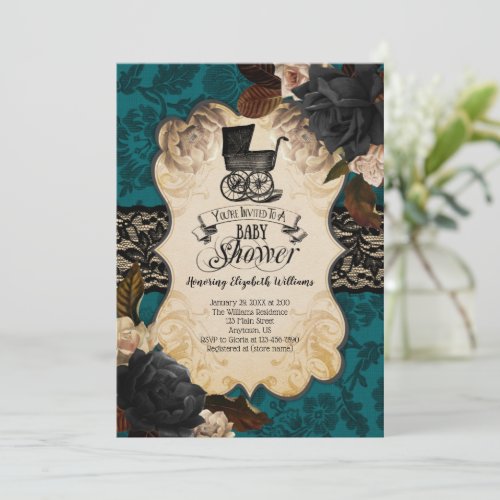 Goth Victorian Teal Blue Baby Shower Invitation