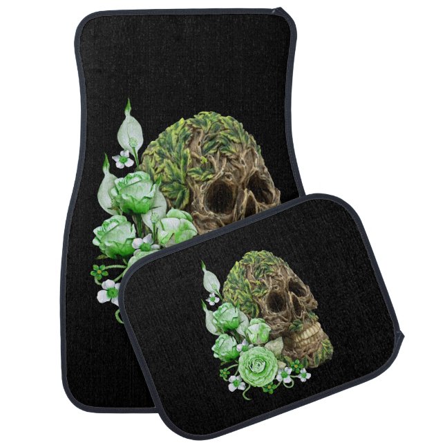 Goth Vine Covered Tree Skull With Green Flowers  Car Floor Mat (Set)