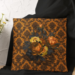 Goth Vintage Orange Black Lace Flower Halloween Throw Pillow