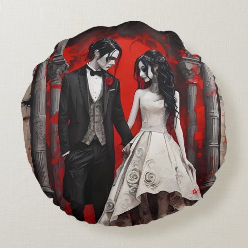 Goth Wedding Couple  Round Pillow