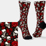 Goth White Skulls & Red Roses on Black Socks