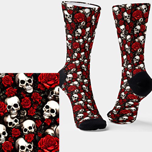 Goth White Skulls  Red Roses on Black Socks