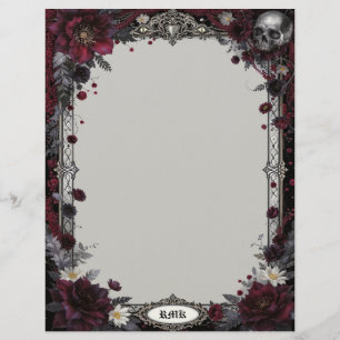 Goth with Red & White Flowers & Skull Stationery