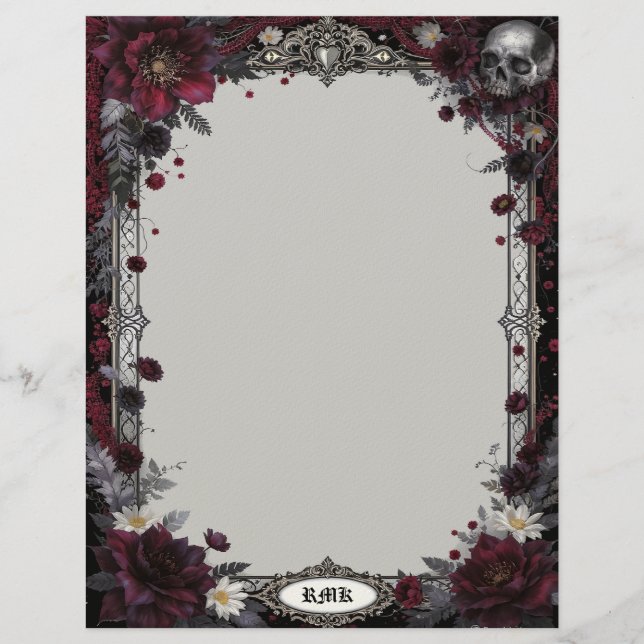 Goth with Red & White Flowers & Skull Stationery (Front)