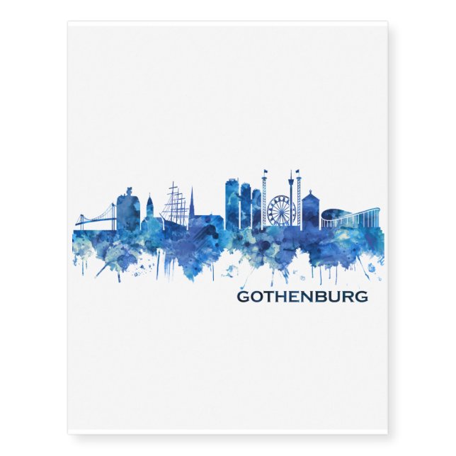 Gothenburg Sweden Skyline Blue Temporary Tattoos (Front)