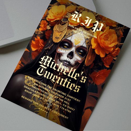 Gothic 30th Birthday Black Orange Rose Lady Skull Foil Invitation
