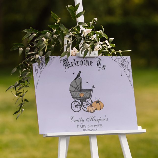 Gothic A Baby is Brewing Baby Shower Welcome Sign (Purple Gothic Halloween Baby Shower Welcome Sign. Hand Drawn Vintage Baby Carriage, Crow, Pumpkins)