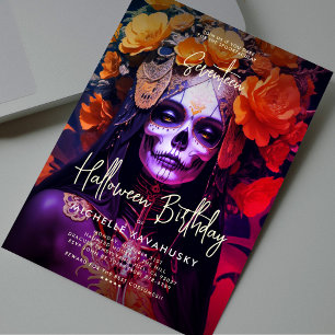Gothic Adult Halloween Birthday Orange Lady Skull Invitation