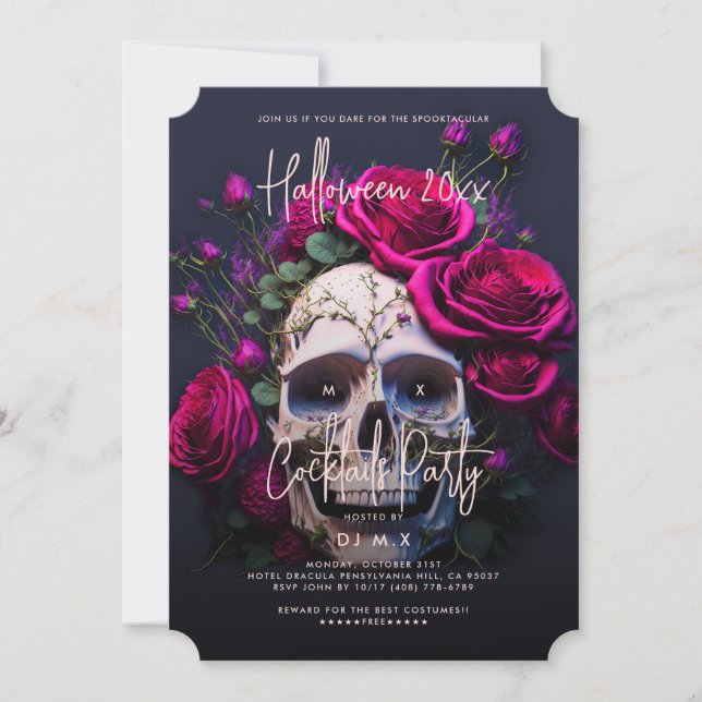 Gothic Adult Halloween Party Skull Red Roses Invitation (Front)