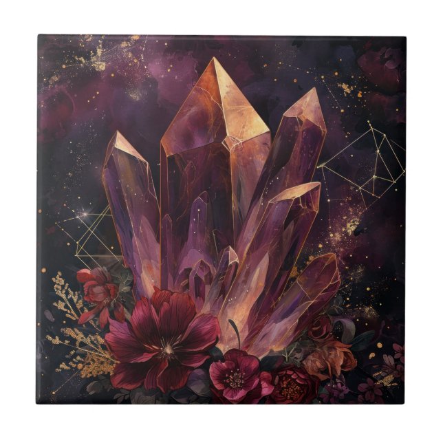 Gothic Amethyst Floral Galaxy Pattern Ceramic Tile (Front)