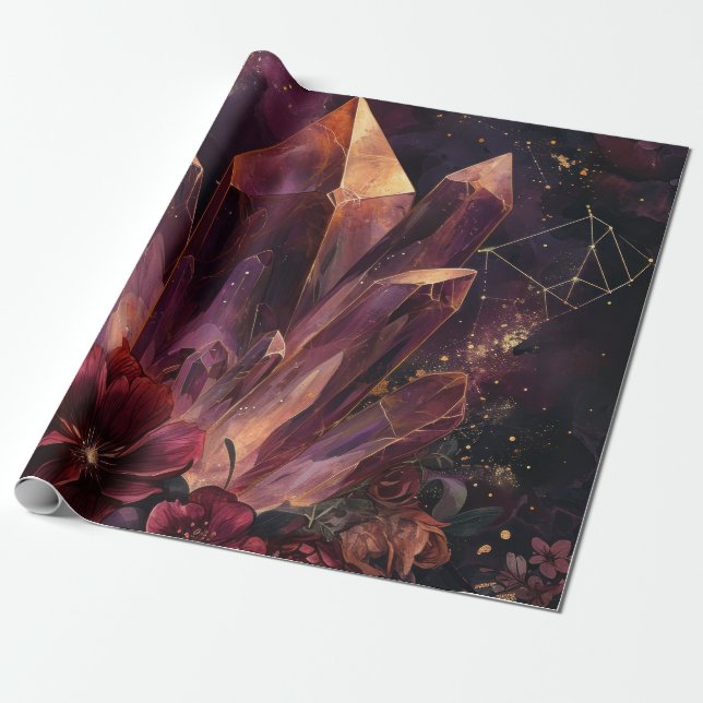 Gothic Amethyst Floral Galaxy Pattern Wrapping Paper (Unrolled)