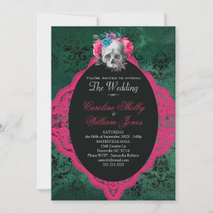 Gothic Anatomy Skull Pink Green Rose Invitation