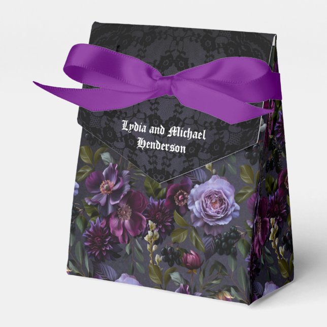 Gothic and Moody Purple Floral Wedding Favor Boxes (Front Side)