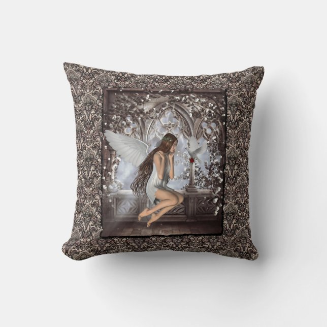 Gothic Angel and Her Dove Throw Pillow (Front)