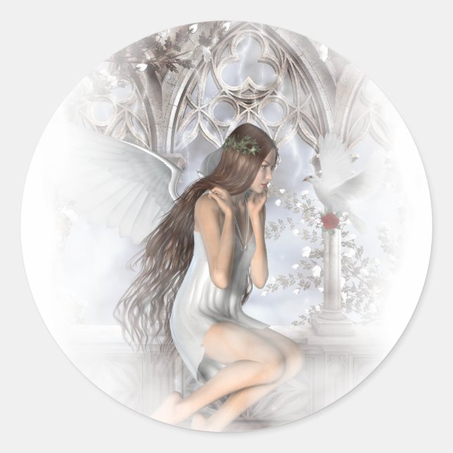 Gothic Angel and Her Dove Vignette Classic Round Sticker (Front)