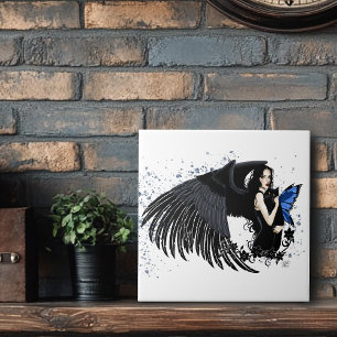 Gothic Angel Wings Black Cat Blue Fairy Ceramic Tile