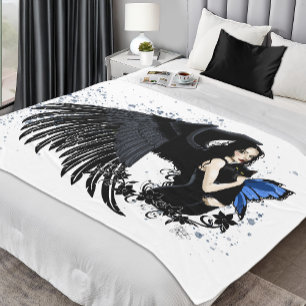 Gothic Angel Wings Black Cat Blue Fairy Fleece Blanket