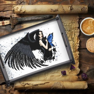 Gothic Angel Wings Black Cat Blue Fairy Serving Tray