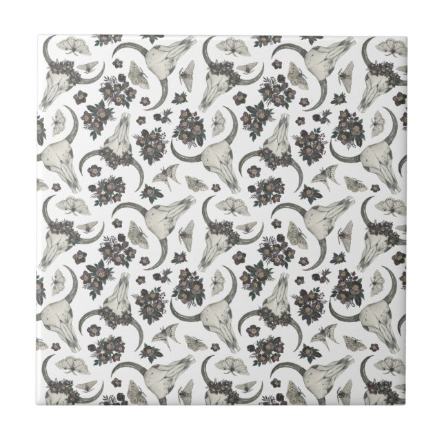 Gothic Animal Skull With Flowers Pattern Ceramic Tile (Front)