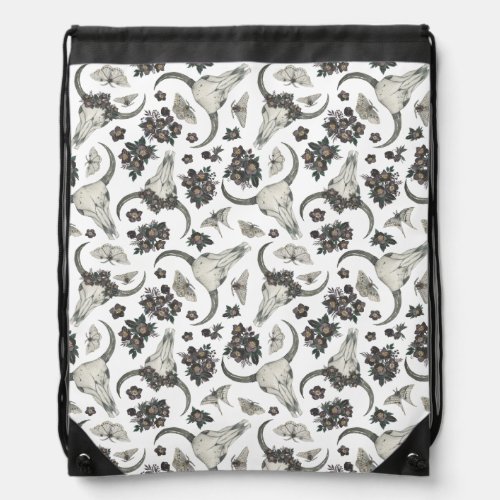 Gothic Animal Skull With Flowers Pattern Drawstring Bag