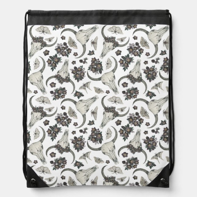 Gothic Animal Skull With Flowers Pattern Drawstring Bag (Front)