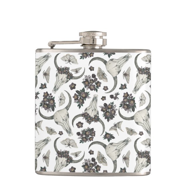 Gothic Animal Skull With Flowers Pattern Flask (Front)