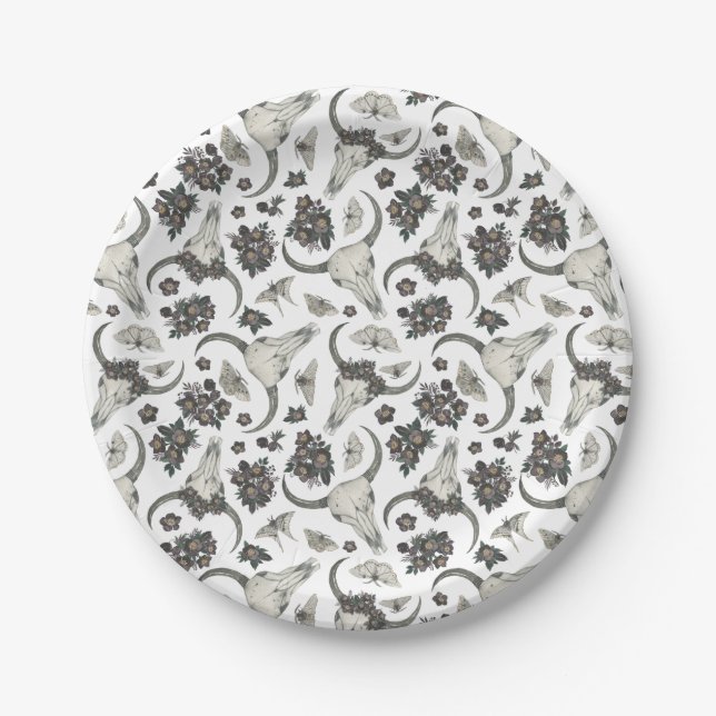 Gothic Animal Skull With Flowers Pattern Paper Plates (Front)