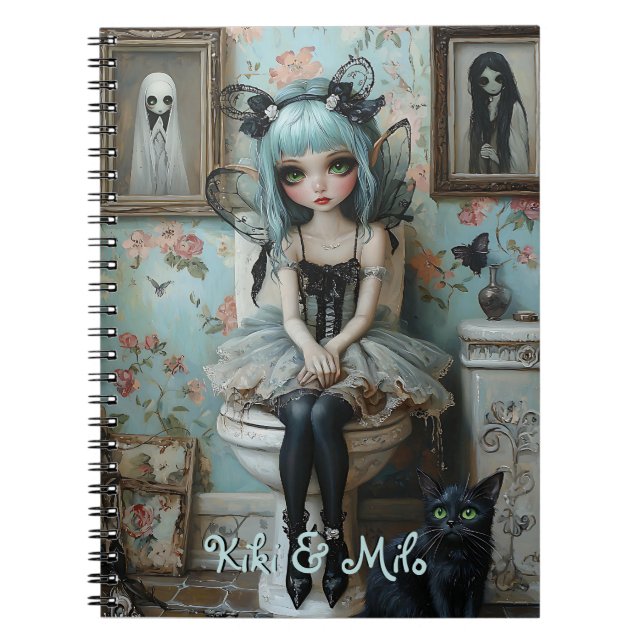 Gothic Anime Fairy & Cat in Bathroom Personalized Notebook (Front)