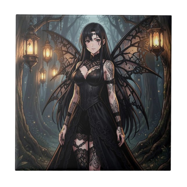 Gothic Anime Fairy Girl in Enchanted Forest Ceramic Tile (Front)