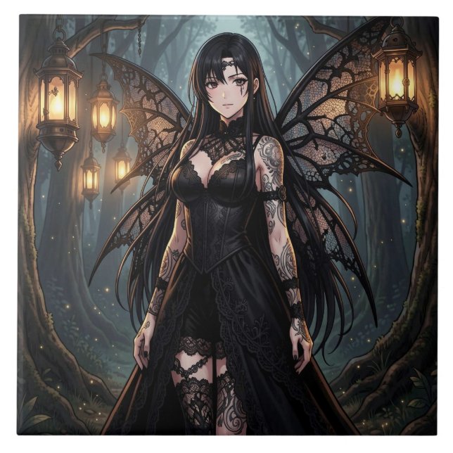 Gothic Anime Fairy Girl in Enchanted Forest Ceramic Tile (Front)