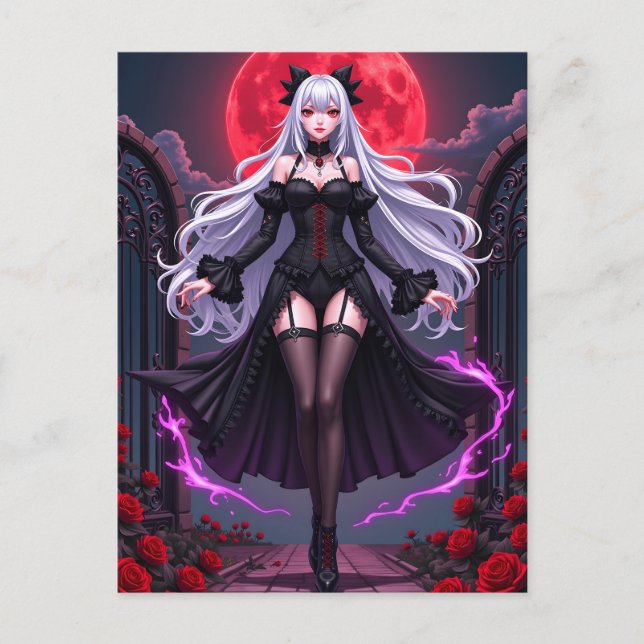Gothic Anime Vampire Princess Red Moon Halloween Holiday Postcard (Front)
