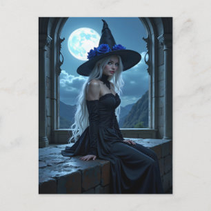 Gothic Anime Witch Blue Rose Moonlit Halloween Holiday Postcard