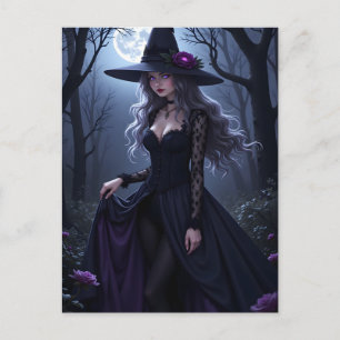 Gothic Anime Witch Purple Rose Moonlit Halloween Holiday Postcard