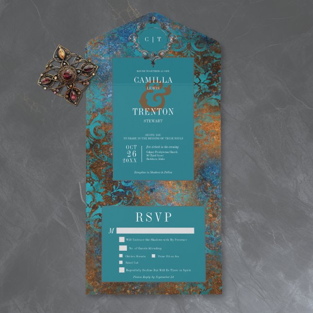 Gothic Antique Teal Gold Damask Dinner Wedding All In One Invitation (Creator Uploaded)