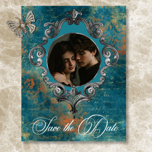 Gothic Antique Teal Gold Damask Photo Wedding Save The Date