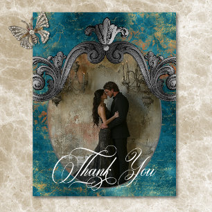 Gothic Antique Teal Gold Damask Photo Wedding Thank You Card