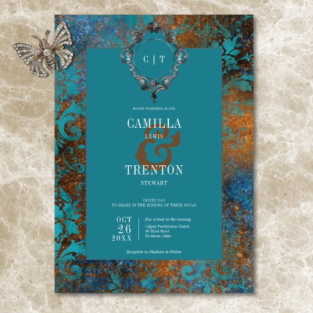 Gothic Antique Teal Gold Damask Wedding Invitation (Gothic Antique Teal Gold Damask Wedding Invitation)