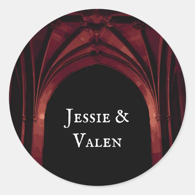 Gothic Arch Elegant Wedding Dark Black Red Classic Round Sticker | Zazzle