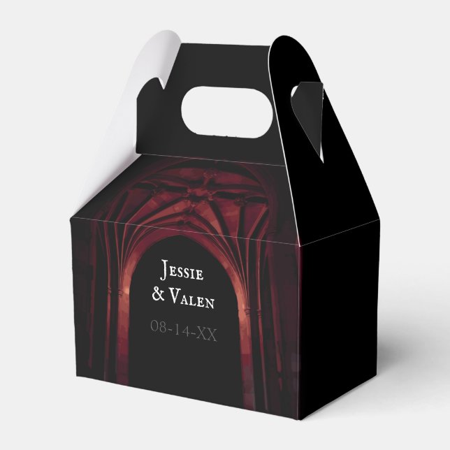 Gothic Arch Elegant Wedding Dark Black Red Favor Boxes (Front Side)